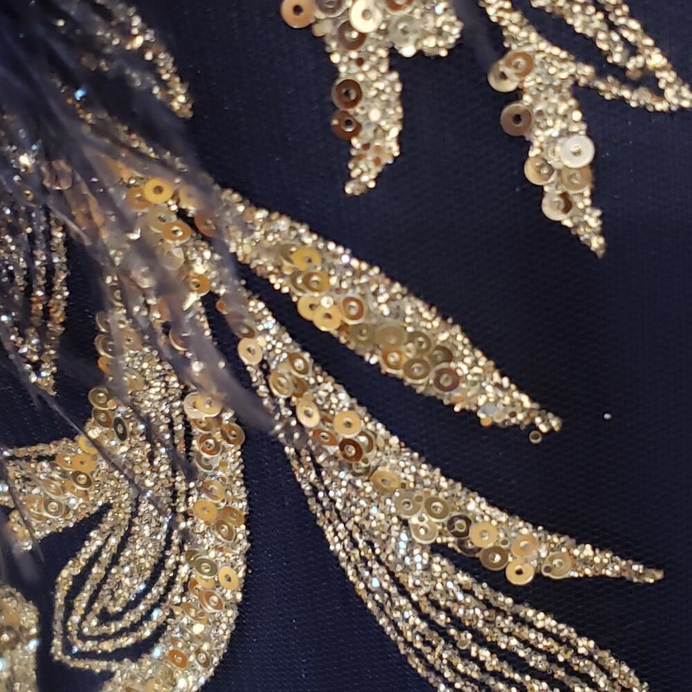 EY Boutique Blue & Silver Sparkle Sequin Gown w/ Feather Trim, Size XL | NWT - Picture 7 of 12